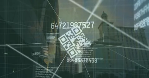 Image of qr code and numbers over cityscape 库存照片