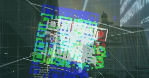 Image of qr code and numbers over cityscape Stockfoto's