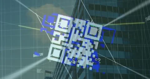 Image of qr code and numbers over cityscape Stock Photos
