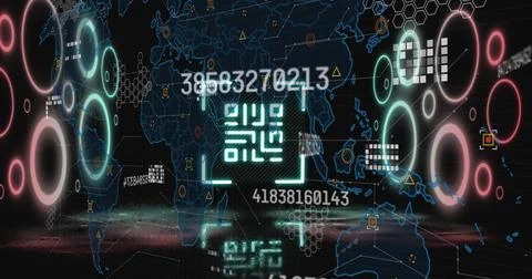 Image of qr code and numbers processing over world map Stockfoto's