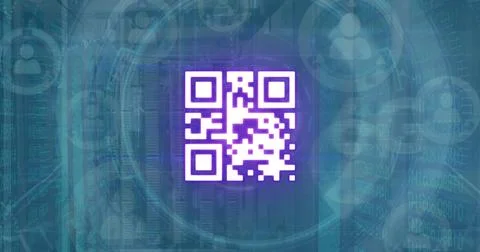 Image of qr code and scanner processing data over network of people icons Stock-Fotos