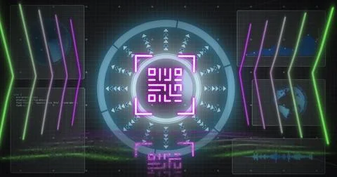 Image of qr code and scope scanning over neon lines on black background Stock Illustration