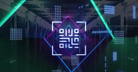 Image of qr code and shapes over server room 스톡 일러스트