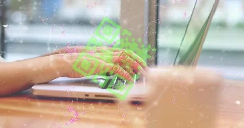 Image of qr code and shapes over hands using laptop 写真素材