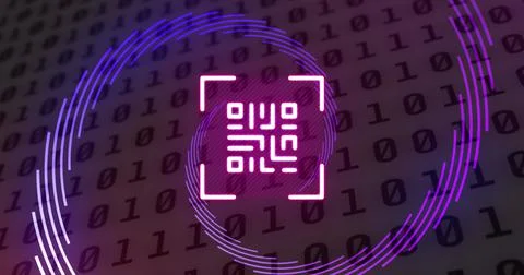 Image of qr code and spinning purple shapes over binary coding Stock Illustration
