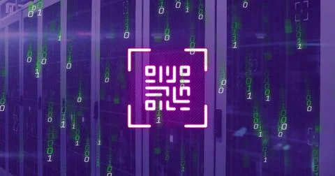Image of qr code, binary coding and data processing over computer servers Stock Illustration