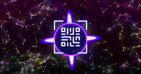 Image of qr code, circle and constellations on black background Stock Photos