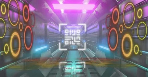 Image of qr code with circles over digital tunnel Stock Illustration