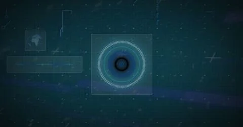 Image of qr code in circular tunnel, globe, circuit board pattern against 写真素材