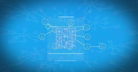 Image of qr code, connections and scanning on blue background Stock Photos