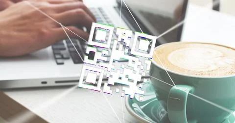 Image of qr code, data processing and networks over man using laptop 库存照片