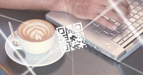 Image of qr code, data processing and networks over man using laptop Foto stock