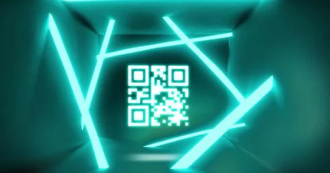 Image of qr code data processing over neon green lines background Stock Photos