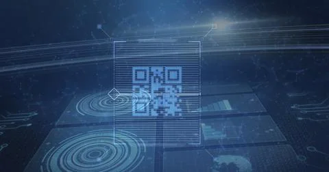 Image of qr code data scanning and processing over blue grid with scopes Stockfoto's