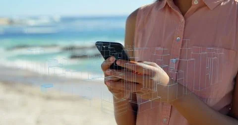 Image of qr code, digital lines with skyscrapers over caucasian woman using.. Stock Photos
