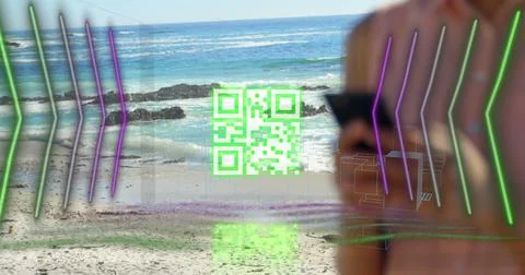 Image of qr code, digital lines with skyscrapers over caucasian woman using.. Stock Photos