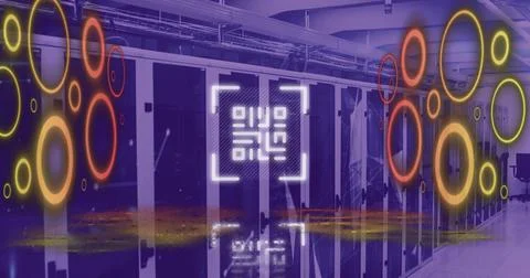 Image of qr code flashing with neon circles over computer servers 스톡 일러스트