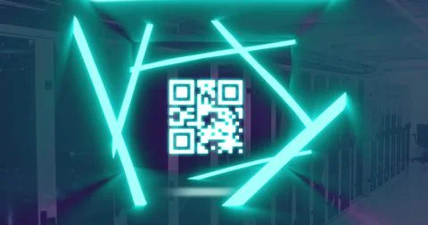 Image of qr code flashing with neon green lights over computer servers Stock-Illustration