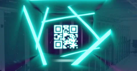 Image of qr code flashing with neon green lights over computer servers Stock-Illustration