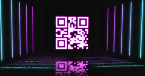 Image of qr code flashing over neon stripes Stock Illustration