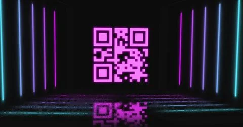 Image of qr code flashing over neon stripes Illustrazione stock