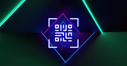 Image of qr code flashing over neon stripes Stock Illustration