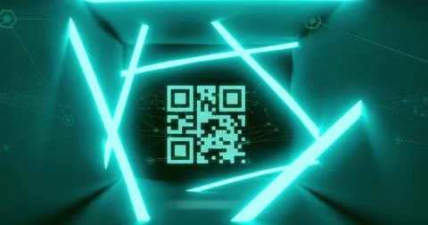 Image of qr code glowing with blue neon stripes over blue background Stock-Illustration