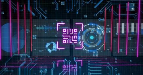 Image of qr code glowing over data processing on screens イラスト素材