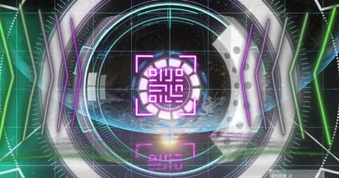Image of qr code glowing over data processing and scope Stock Illustration