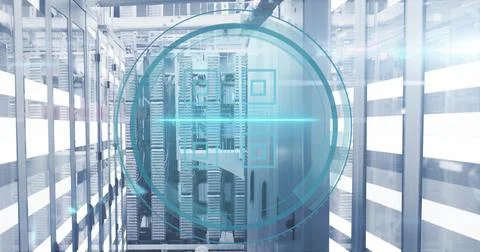 Image of qr code icon and digital data processing over computer servers Foto stock