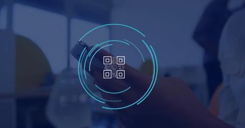 Image of qr code icon over caucasian businesswoman using smartphone in office Stock Photos