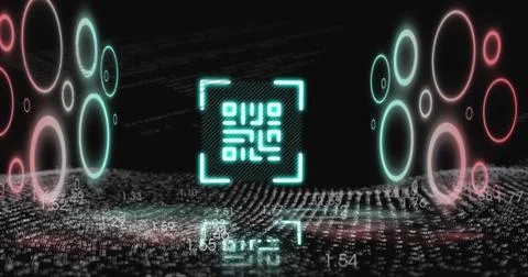 Image of qr code with illuminated circle with numbers, wave pattern, programming Stock Photos