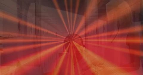 Image of qr code, lines over caucasian coworkers working Stock Photos