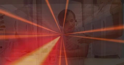 Image of qr code, lines over caucasian coworkers working Stock Photos