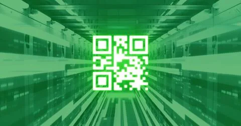 Image of qr code with moving columns over server room 写真素材