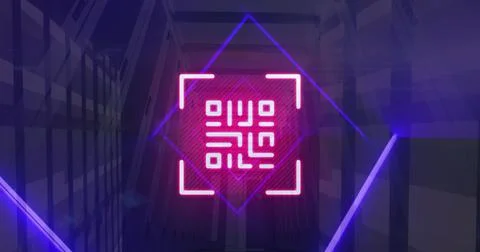 Image of qr code, neon lines, data processing over servers Stock Photos