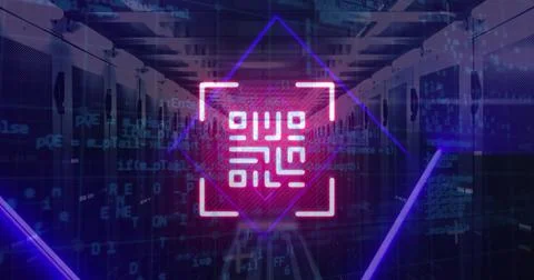 Image of qr code, neon lines, data processing over servers Foto stock