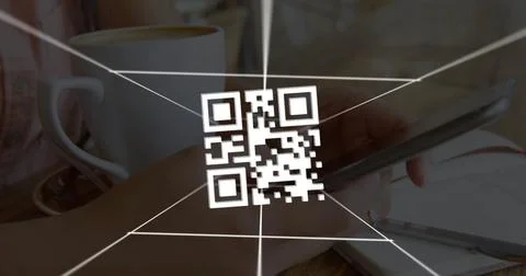 Image of QR code with network of connections over woman using smartphone in the Stock Illustration