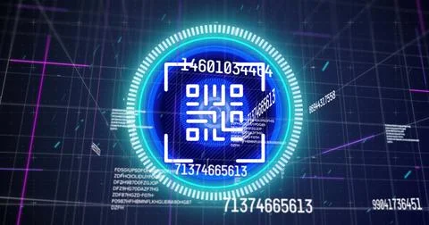 Image of qr code online security, scope scanning and numbers changing over grid Illustrazione stock