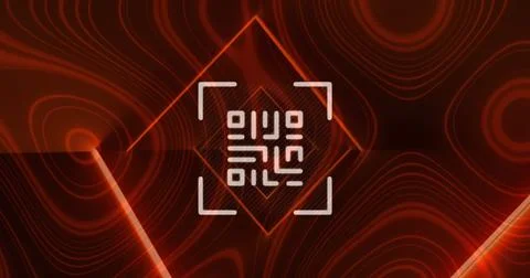 Image of qr code on orange shapes over dark background Illustrazione stock