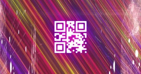 Image of qr code over background with colorful moving lines Illustrazione stock