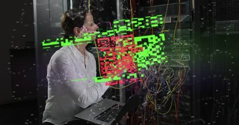Image of qr code over caucasian female worker in server room Photos
