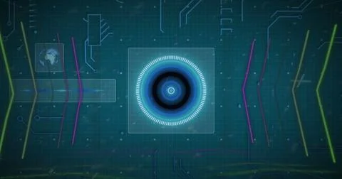 Image of qr code over circles with arrows against circuit board pattern and Stockillustratie