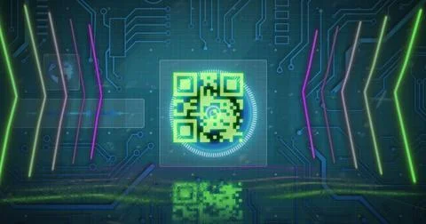 Image of qr code over circles with arrows against circuit board pattern and Stock Illustration