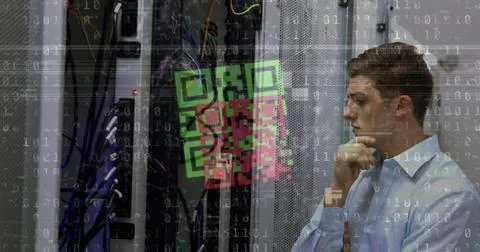 Image of qr code over data processing and caucasian man checking servers 库存照片