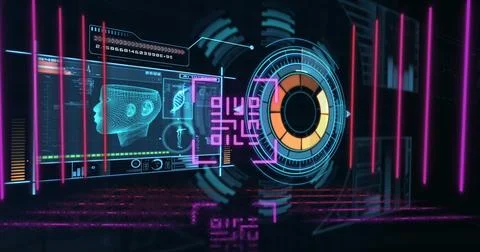 Image of qr code over digital interface, copy space Stock Photos