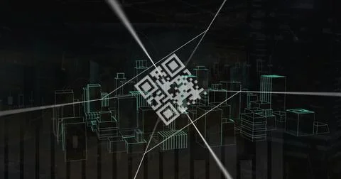 Image of qr code over digital city Stock Photos