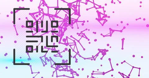 Image of qr code over dots and connections on pink and blue background Stock Illustration