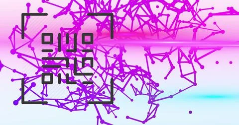 Image of qr code over dots and connections on pink and blue background Stockillustratie