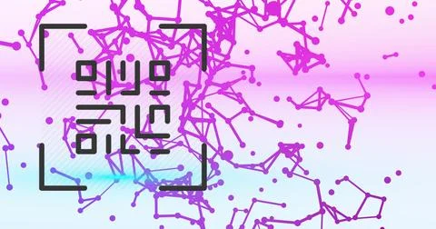 Image of qr code over dots and connections on pink and blue background 스톡 사진